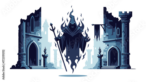 Ghostly Guardian: A spectral figure of the night, wreathed in ethereal flames, stands sentinel before an ancient castle, evoking a sense of mystery and the supernatural.