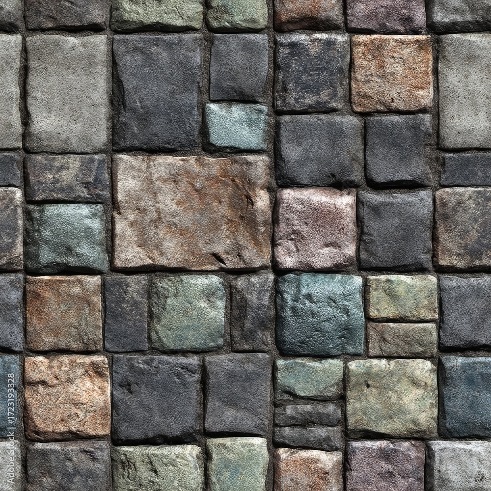 Naklejka premium Textured Seamless Medieval Cobblestone Pavement with Varied Stone Colors.