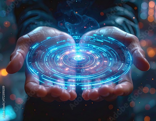 Person Holding Futuristic Blue Circular Hologram