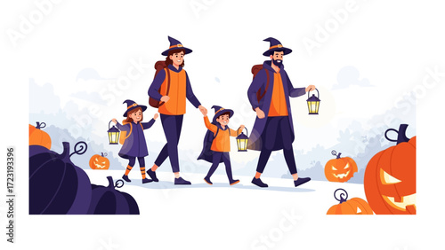 Spooky Halloween Stroll: A family strolls through a vibrant, yet ominous Halloween landscape. Carrying lanterns and wearing enchanting costumes.