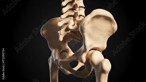 Human Pelvis and Lumbar Vertebrae Skeleton on Black Background Anatomy Illustration