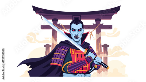Samurai Vampire Illustration: A striking illustration showcasing a Samurai Vampire holding a sword in front of traditional Japanese architecture.