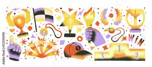 Champion winner set of award elements for sport with golden cup and torch. Whistle, laurel, pedestal, award. Cartoon icon in playful doodle style to celebrate victory or achievement.