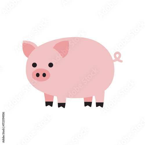 Flat vector illustration of a pink pig with round body and curly tail, simple cartoon farm animal design isolated