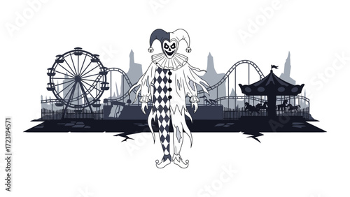 Sinister Amusement: A nightmarish jester figure presides over a desolate amusement park, casting a shadow of eerie, unsettling delight on the carousel, ferris wheel and roller coaster.