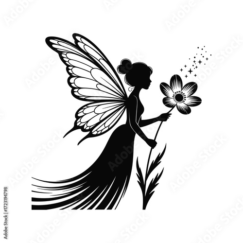 Refined Silhouette Illustration of a Black Fairy Holding a Flower Vector Art for Botanical Designs and Projects, Isolated on White Background