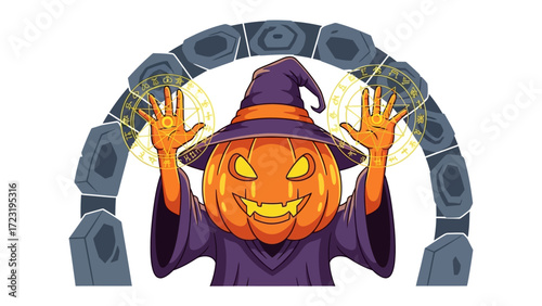 Spooky Pumpkin Wizard Illustration: A grinning pumpkin-headed wizard, donned in a classic hat and robe, emanates mystical energy and stands beneath a weathered stone archway.