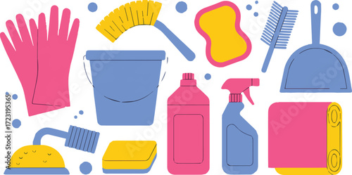 Vector art of flat lay of cleaning supplies for hygiene tasks