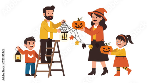 Halloween Family Decorations: A family decorates for Halloween, filled with festive decorations and carving pumpkins, embracing the spooky season.