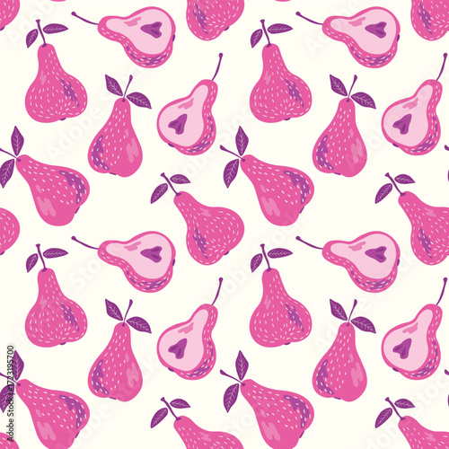 Seamless pattern with pear on color background. Natural delicious fresh ripe tasty fruit. Sweet pears with leaves. Food concept. Vector illustration for print, fabric, textile.