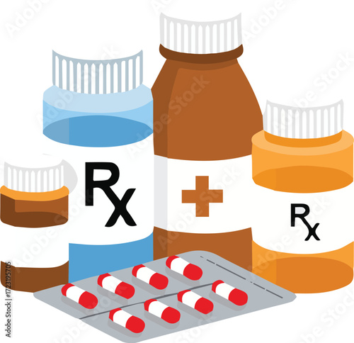 Vector art of assorted medicine bottles and blister pack