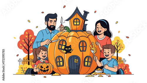 Spooky Family Carving Pumpkin for Halloween: A loving family is gathered, carving a giant pumpkin into a spooky house, full of joy for Halloween and harvest season.
