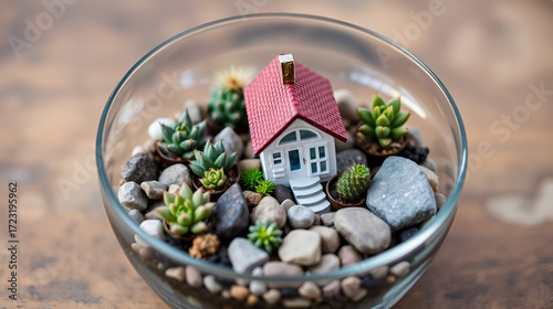 Miniature terrarium with succulents, cactus, rocks, and a tiny house model arranged in a glass bowl. Miniature gardening, tiny house aesthetic, terrarium storytelling, escapist design