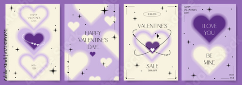 Happy Valentine's Day design templates set.Typography poster, aura heart blurred gradient. Designs for social media marketing, branding, packaging. Minimal blur y2k aesthetic design
