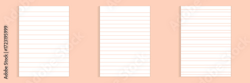 Grid paper set. Realistic blank lined paper sheet in A4 format. Striped background with color graph. Geometric pattern for school, wallpaper, textures, notebook. Lined blank on transparent background.