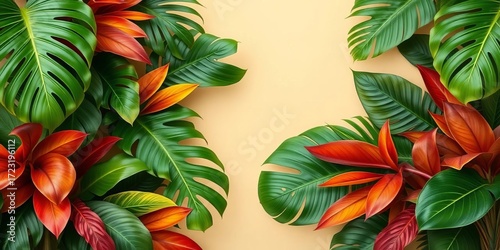 Vibrant tropical leaves form a lush frame against a soft beige backdrop,   floral frame,   design element