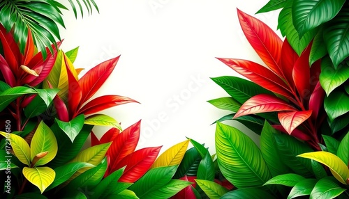 Vibrant tropical leaves form a lush green border frame, design, background