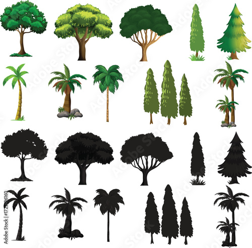 Artistic hand-drawn and digital painted tree collection with palms, evergreens, and leafy trees.