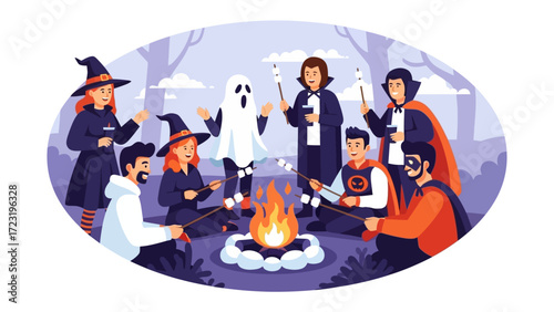 Halloween Gathering around Campfire: A festive group of children dressed in whimsical Halloween costumes, gathering around a crackling campfire for a delightful night of marshmallow roasting.