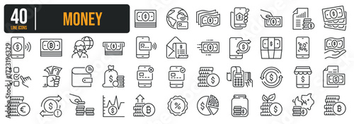 Set of collection thin line icons related Money, Payment, Finance. The icon can be used for website, infographic, user interface, app, banner, logo, brochure etc transparent background