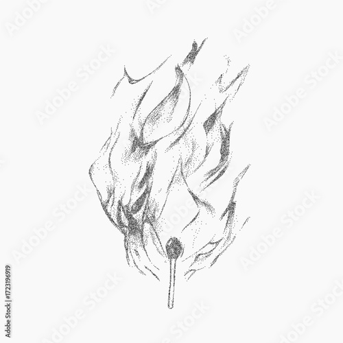 Burning match. Distressed shape with stippled fill, dusty grain pattern and faded ink effect. Scratches and vintage speckle create a rough textured surface.