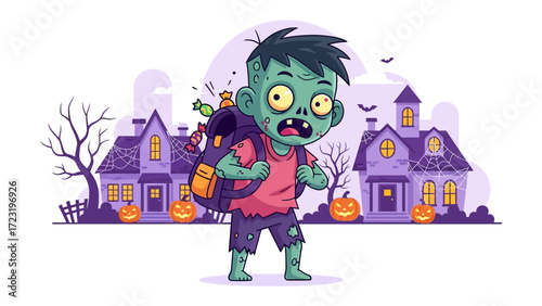 Halloween Zombie's Night Out: A playful depiction of a zombie, embodying the eerie charm of Halloween. Dressed in tattered attire, it is carrying a backpack loaded with candies.
