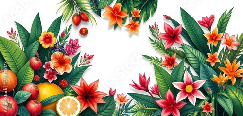 Vibrant vector collages featuring modern exotic jungle fruits, plants & flowers,  graphic,  modern