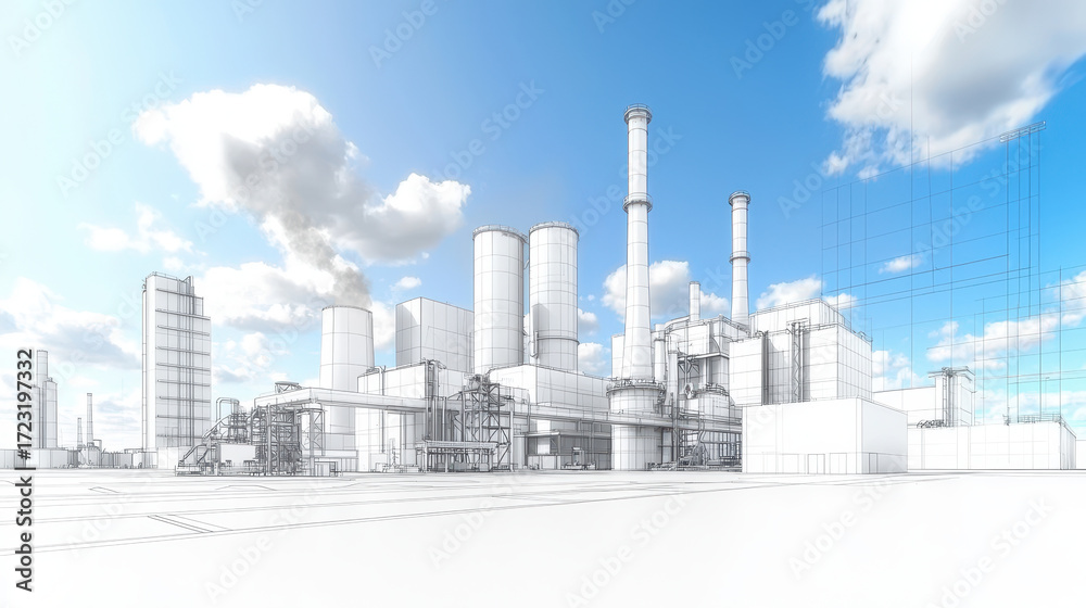 Obraz premium Minimalistic line drawing of industrial power plant featuring smokestacks, cooling towers, and various structures blue sky with clouds