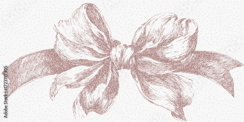Red bow with curled ribbon and soft fabric folds, gritty stipple texture on paper grain surface, faded ink details and scattered dust speckle.