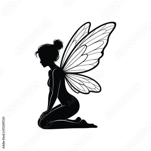 Kneeling Fairy Silhouette Illustration Black Vector: Elegant Winged Figure, Isolated on White Background, Perfect for Graphic Design and Art Projects