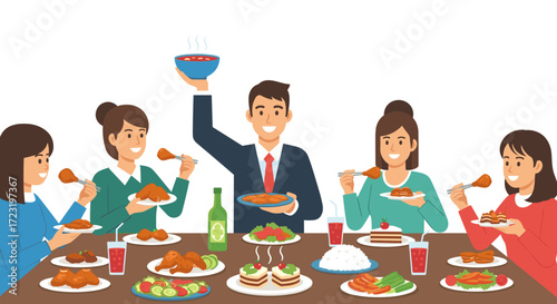 Flat design vector illustration of people gathered around a round table, enjoying food and drinks with diverse dishes and one person in business attire