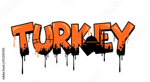 Urban graffiti vector illustration of the word Turkey in dripping orange font with mosque silhouette and stars on a clean background in pop-art style