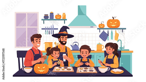 Family Halloween Cooking: A lively family celebrates Halloween, bonding in the kitchen as they make cookies and jack-o'-lantern, embodying festive spirit, togetherness and playful creativity.