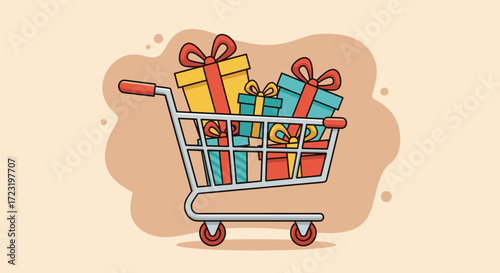 Flat design vector illustration of a shopping cart filled with colorful gift boxes in warm tones on a simple background, digital art style
