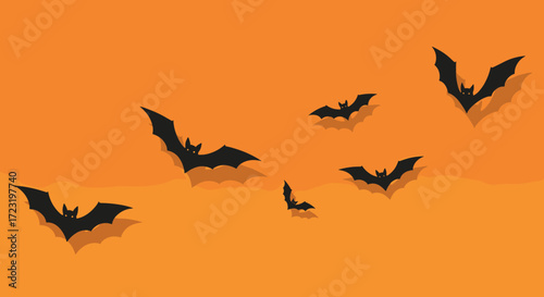Flat vector illustration of bats flying across the sky with an orange background and sun, Halloween-themed cartoon design with simple shapes