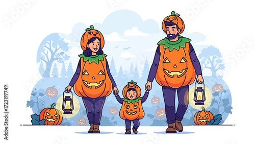 Halloween Pumpkin Family Walk: A loving family dressed in vibrant pumpkin costumes merrily strolls through a festive autumn garden, lanterns aglow, capturing the essence of Halloween spirit.