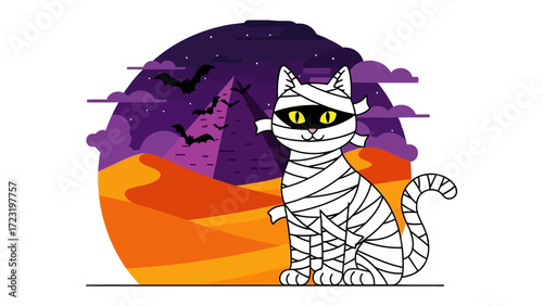 Halloween Mummy Cat: A charming illustrated mummy cat poses amidst a desert landscape. With the night sky in the background. This evokes a sense of spooky and fun.