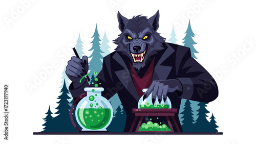 Mysterious Werewolf Experiment: An artistically rendered werewolf, immersed in a chilling experiment within a laboratory setting.