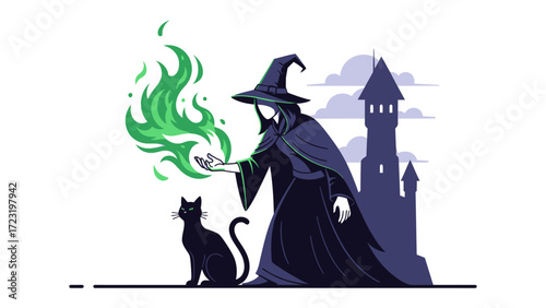 Mystic Sorcerer: The mysterious sorcerer conjures green magic, accompanied by a black cat and a silhouette castle, the image whispers of the supernatural and the arcane. 