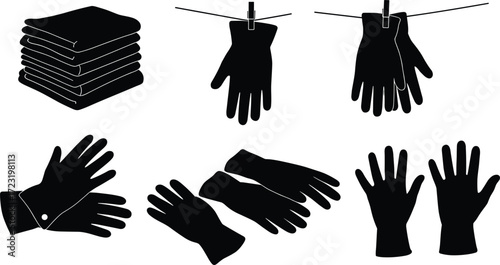 Collection of various glove silhouettes and folded cloths vector illustration for fashion design, apparel accessories, laundry, and retail display purposes
