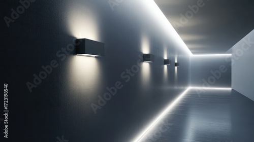 Sleek floating illusion wall lights, minimalist design, soft ambient glow, futuristic and modern interiors