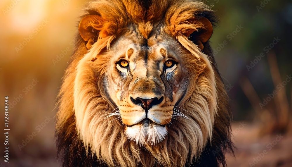 Fototapeta premium A stunning close-up portrait of a regal lion, displaying its majestic mane and piercing gaze. The golden light highlights the details