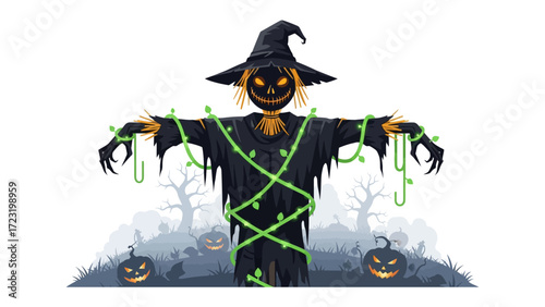 Spooky Scarecrow at Halloween: A haunting scarecrow figure, adorned with a menacing grin, stands sentinel amidst a misty, pumpkin-filled landscape.