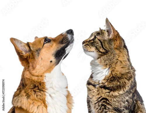 Close-up profile view of a dog and cat facing each other