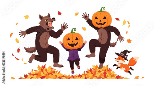 Spirited Halloween Frolic: A festive autumn scene unfolds with figures in playful costumes - a trio of pumpkin-headed characters cavorting amidst falling leaves, a fox adding to the seasonal delight.