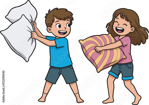 Cartoon children having pillow fight, indoor fun activity, smiling kids, playful moment, colorful pillows, cheerful scene, happy playtime, cozy illustration