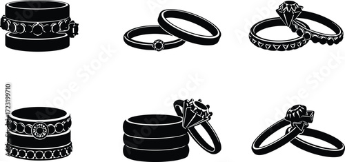 Elegant black and white vector illustration set of six unique engagement and wedding rings with gemstones, bands, prongs, and decorative designs