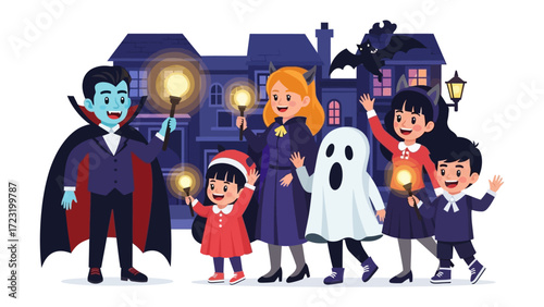 Halloween Parade with Spooky Elements: A vibrant and whimsical illustration captures the festive essence of Halloween, showcasing children dressed in colorful costumes.