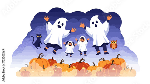 Halloween's Playful Specters: whimsical depiction of Halloween's fun, presenting a scene with endearing ghost figures, mischievous trick-or-treaters, and bountiful pumpkins under a dusky sky. 