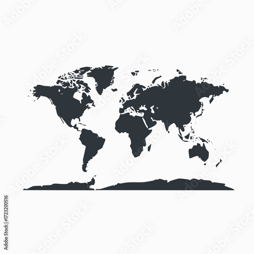 World map illustration showing continents in dark gray against a white background with antarctica shown